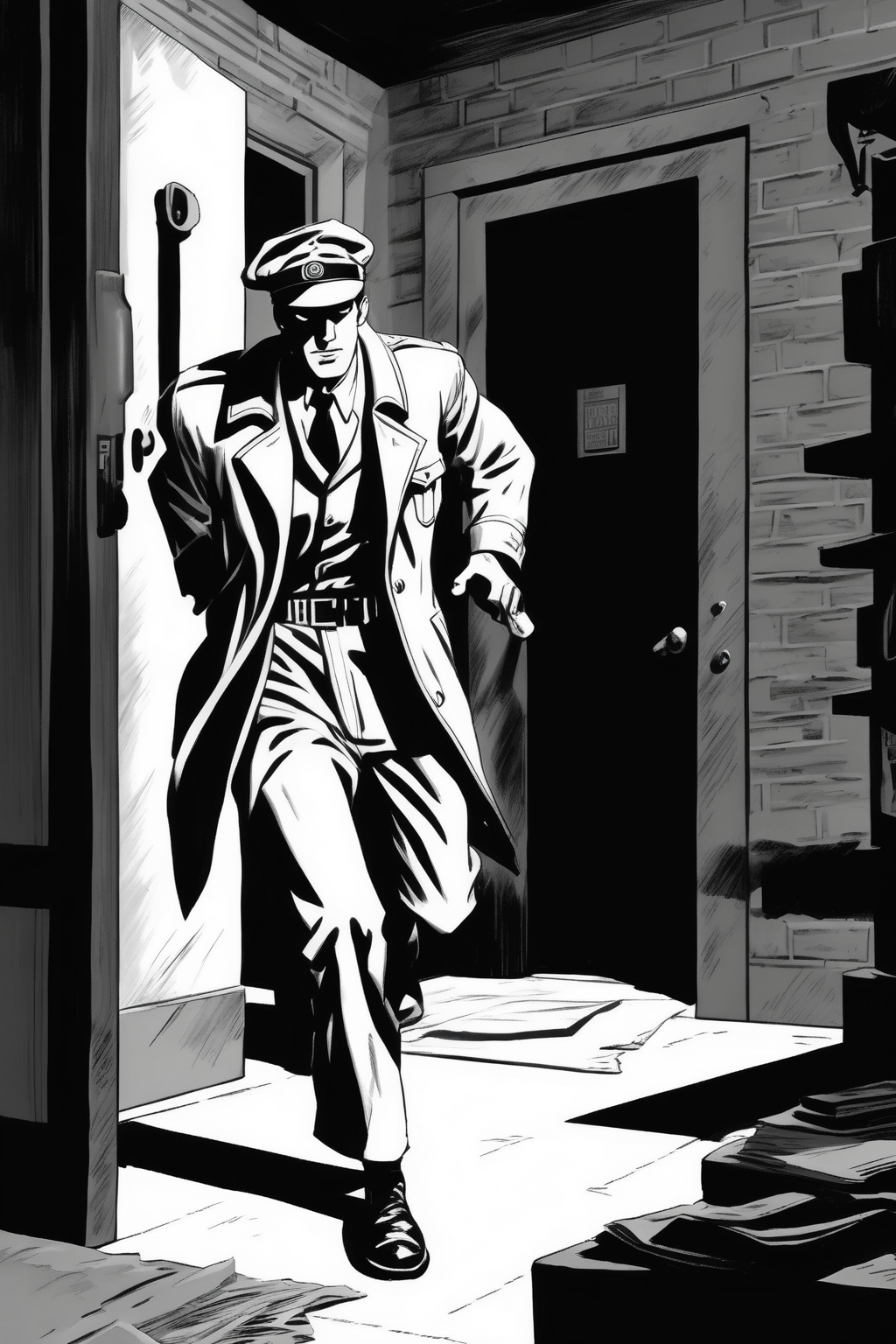 00956-3956119687-_lora_Will Eisner Style_1_Will Eisner Style - a spy sneaking into an enemy headquarters in WWII. Black and white. A scene from a.png